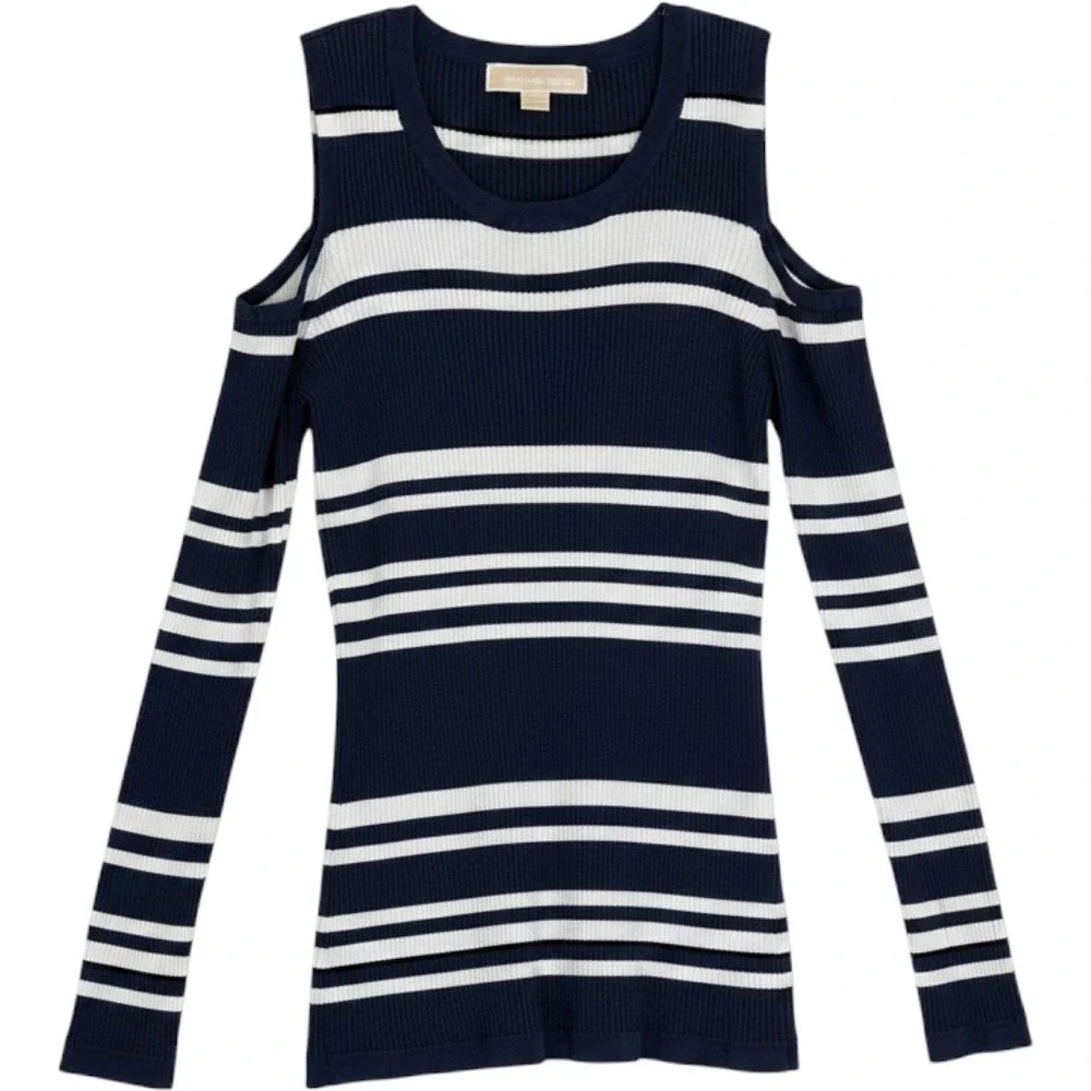 Michael Michael Kors Navy White Striped Cold Shoulder Ribbed Knit Sweater M